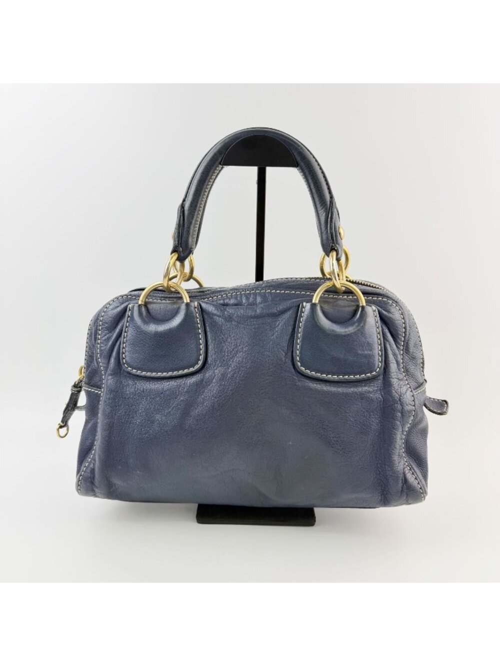 Miu Miu Ring Handle Contrast Stitch Mini Boston Bag Leather Navy Gold Vintage